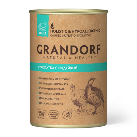 Grandorf консервы для собак Куропатка с индейкой 400 г