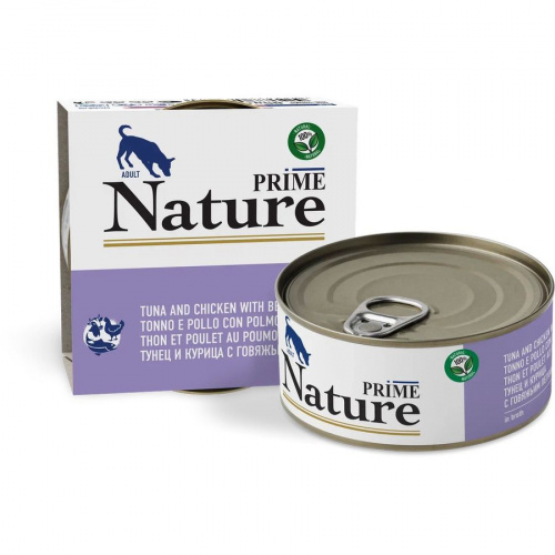 PRIME NATURE Консервы для собак Курица и тунец с говяжьим легким в бульоне ж/б 150 гр*12 шт