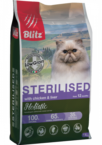 BLITZ Holistic Low Grain Sterilised Низкозерновой сухой корм д/стерилизованных кошек Курица и Печень
