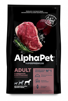 ALPHAPET SUPERPREMIUM Сухой корм для взрослых собак крупных пород с Говядиной и Потрошками