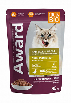 AWARD пауч для кошек Hairball & Indoor вывод шерсти утка в соусе 85 гр 7177004