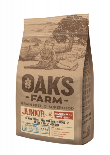 OAK`S FARM Grain Free Беззерновой сухой корм для щенков мелких пород от 3 до 12 мес. Лосось и Криль