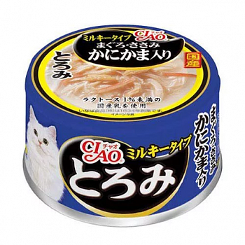 INABA CIAO Консервы для кошек Мраморный Тунец, Краб  и Филе Курицы в сливочном соусе  80 г