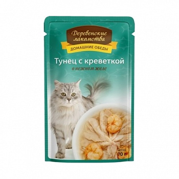 ДОМАШНИЕ ОБЕДЫ Пауч д/кошек Тунец с креветкой в нежном желе 70 г