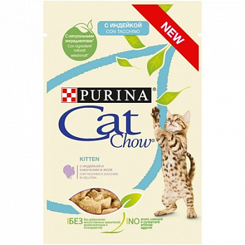 CAT CHOW Kitten Пауч для котят с Индейкой и Кабачком кусочки в желе 85 г