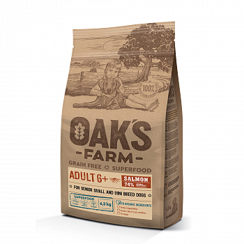 OAK`S FARM Grain Free Беззерновой сухой корм для собак всех пород старше 6 лет с Лососем 6,5 кг