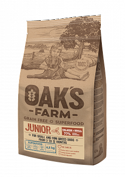 OAK`S FARM Grain Free Беззерновой сухой корм для щенков мелких пород от 3 до 12 мес. Лосось и Криль