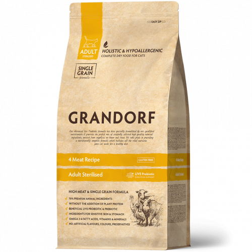 GRANDORF CAT STERILIZED корм для кошек стерилизованных 4 мяса и рис пробиотик