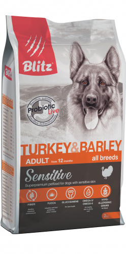 BLITZ Sensitive Adult Turkey&Barley Сухой корм д/собак всех пород Индейка и Ячмень