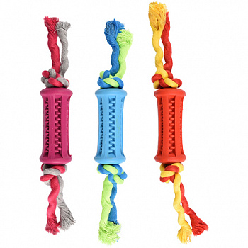 FLAMINGO Игрушка д/собак Резиновый цилиндр с веревкой 9 см, цвет в асс-те