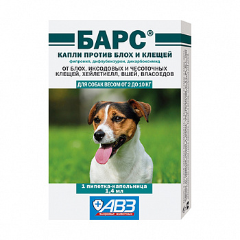 АВЗ БАРС Капли от блох и клещей для собак весом от 2 до 10 кг 1 пипетка, 1,4 мл