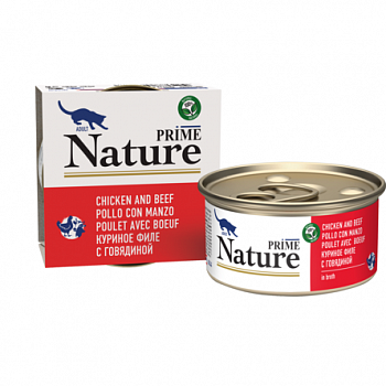 PRIME NATURE Консервы для кошек Куриное филе с говядиной в бульоне ж/б 85г 137.6.2529
