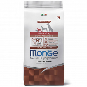 MONGE DOG Корм для щенков Speciality Line MONOPROTEIN Puppy & junior Mini мелких пород Ягненок рис