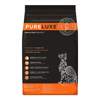 PURELUXE Сухой корм для длинношёрстных кошек с курицей и лососем