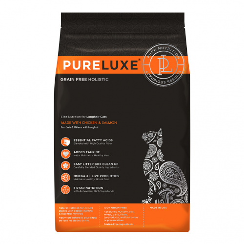 PURELUXE Сухой корм для длинношёрстных кошек с курицей и лососем