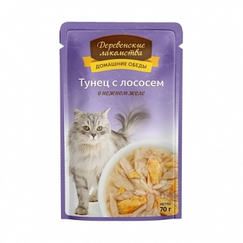 ДОМАШНИЕ ОБЕДЫ Пауч д/кошек Тунец с лососем в нежном желе 70 г