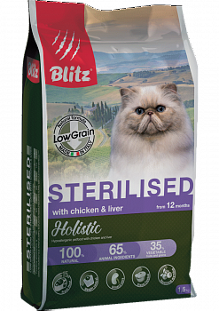 BLITZ Holistic Low Grain Sterilised Низкозерновой сухой корм д/стерилизованных кошек Курица и Печень