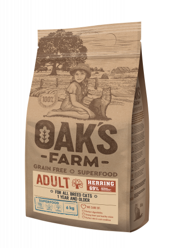 OAK`S FARM Grain Free Беззерновой сухой корм для кошек с Сельдью