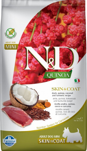 FARMINA N&D Quinoa Skin&Coat Беззерновой сухой корм д/собак мини пород Кожа и Шерсть Утка и Киноа