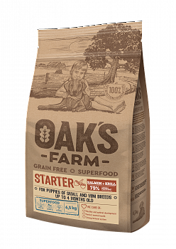 OAK`S FARM Grain Free Беззерновой сухой корм для щенков мелких пород до 4 мес. с Лососем и Крилем