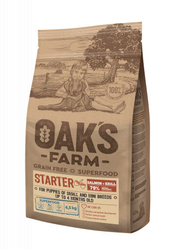 OAK`S FARM Grain Free Беззерновой сухой корм для щенков мелких пород до 4 мес. с Лососем и Крилем
