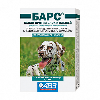 АВЗ БАРС Капли от блох и клещей для собак весом от 20 до 30 кг 1 пипетка, 4,2 мл