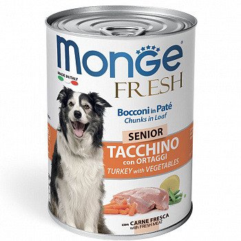 MONGE DOG Fresh Chunks in Loaf Консервы д/пожилых собак Мясной рулет Индейка с овощами 400 г