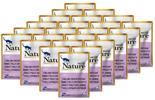 PRIME NATURE Пауч для кошек Тунец с курицей и ветчиной в желе 100гр*24шт