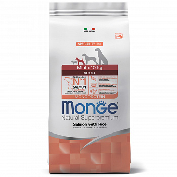 MONGE DOG Корм для собак Speciality Line MONOPROTEIN Mini мелких пород Лосось рис