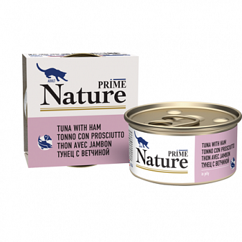 PRIME NATURE Консервы для кошек Тунец с ветчиной в желе ж/б 85г 137.6.1128