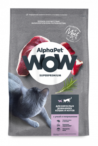 ALPHAPET WOW SUPERPREMIUM Сухой корм для взрослых домашних кошек с Уткой и Потрошками