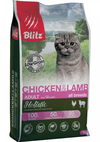 BLITZ Holistic Low Grain Chicken&Lamb Низкозерновой сухой корм д/кошек Курица и Ягненок