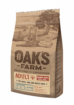 OAK`S FARM Grain Free Беззерновой сухой корм для собак мелких пород с Лососем и Крилем