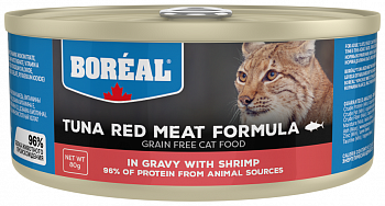 BOREAL Консервы для кошек красное мясо тунца в соусе с креветками