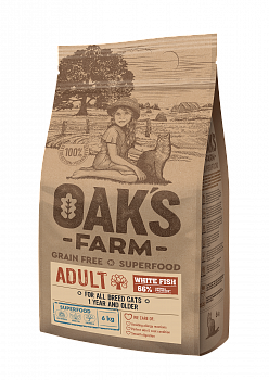 OAK`S FARM Grain Free Беззерновой сухой корм для кошек с Белой Рыбой