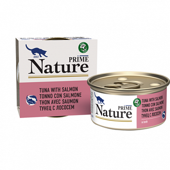PRIME NATURE Консервы для кошек Тунец с лососем в бульоне ж/б 85г 137.6.2134