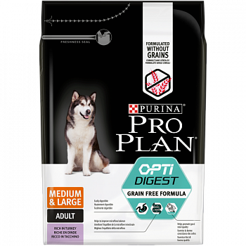 PURINA Pro Plan Grain Free Сухой корм д/собак средних и крупных пород Чувтвит пищевар Индейка