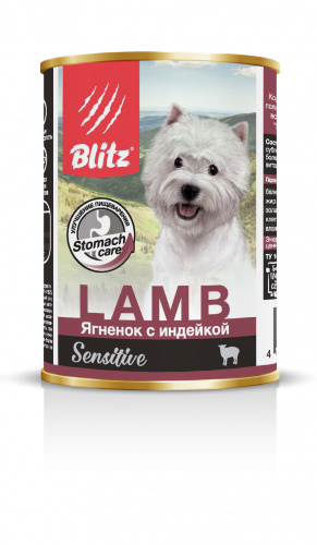 BLITZ Sensitive Консервы д/собак Чувствительное пищеварение Ягненок с Индейкой 400 г