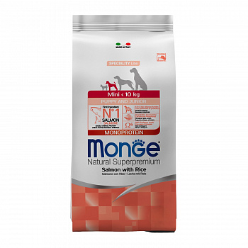 MONGE DOG Корм для щенков Speciality Line MONOPROTEIN Puppy & junior Mini мелких пород Лосось рис