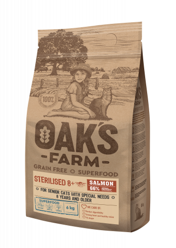OAK`S FARM Grain Free Sterilised 8+ Беззерновой сухой корм для пожилых стерилизованных кошек Лосось