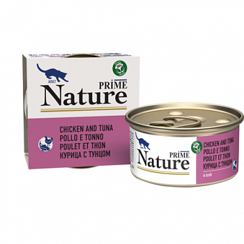 PRIME NATURE Консервы для кошек Курица с тунцом в бульоне ж/б 85г 137.6.2512