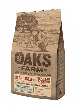 OAK`S FARM Grain Free Sterilised Беззерновой сухой корм для стерилизованных кошек с Ягненком